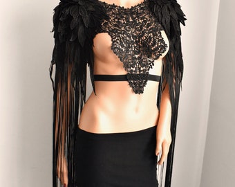 Angel Wings Epaulette,Gothic Epaulette,Shoulder Wings Jewelry,Festival Outfit,Party Costume,Show Costume,Black Wings Epaulette,Stage Outfit