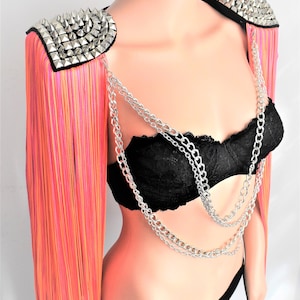 Mix Hot Pink Tassel Epaulete,Silver Stud Epaulettes,(Gold Stud & Gold Chain Optional),Festival Outfit,Festival Outfit//ATE