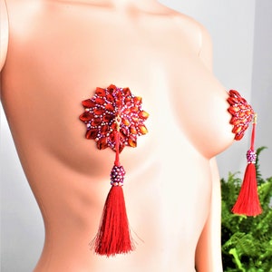 Red  Nipple Pasties,Burlesque Pasties,Heart Nipple Cover With Blue Tassel,Cabaret Pasties,Nippies,Blue Nipple Cover,Blue Beaded Nipple Cover
