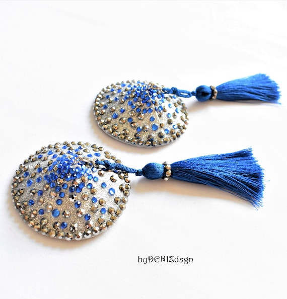 SALDA Blue Pasties Tassel Pasties Rhinestone Nipple Jewelry Blue