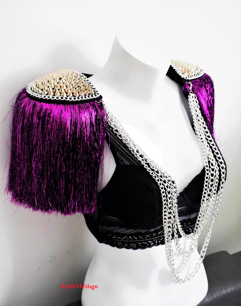 Purple Tassel,Silver Studded Epaulette With Purple Lurex,Gold Stud & chain Optional,Festival Clothing,Party Outfit//GAYA image 7