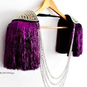 Purple Tassel,Silver Studded Epaulette With Purple Lurex,Gold Stud & chain Optional,Festival Clothing,Party Outfit//GAYA image 1