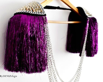 Purple Tassel,Silver Studded Epaulette With Purple Lurex,(Gold Stud & chain Optional),Festival Clothing,Party Outfit//GAYA