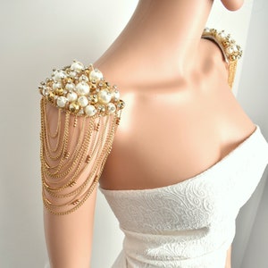 Gold Bridal Epaulette: Pearl Beaded Wedding Shoulder Jewelry