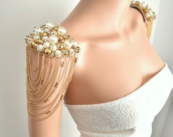 A Pair  Gold Bridal Epaulette,Bright Bridal Shoulder Jewelry,Bright Pearl Beaded Wedding Dress Epaulette, Gold Chain Shoulder Jewelry