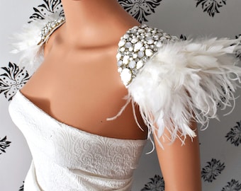 Bridal Epaulette,White Feather Epaulette,Mix Beaded Feather Epaulett, feather Shoulder Jewelry,BeadeFeather Epaulette, Shoulder Jewelry