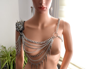 One Sided Shoulder Jewelry,Crystal Beaded & Chained Shoulder Jewelry,Gothic Epaulette,Punky Jewelry,One Sided  Epaulette,Earrings are GIFT!!