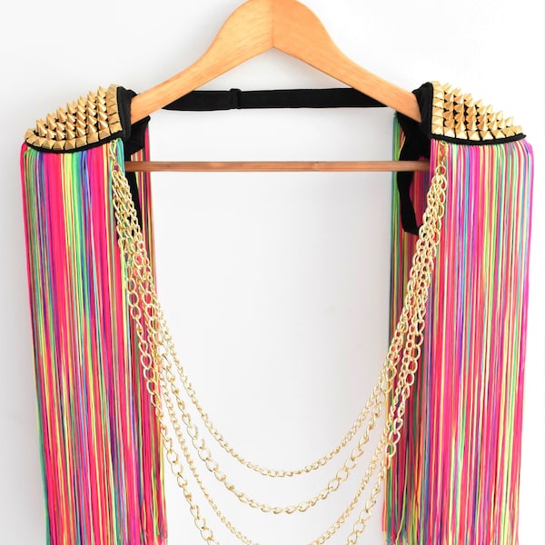 Long Tassel Epaulette,Gold Studded Epaulettes With Rainbow Tassel,LGBT Tassel Epaulette,Rave Outfit, // KUBA GOLD