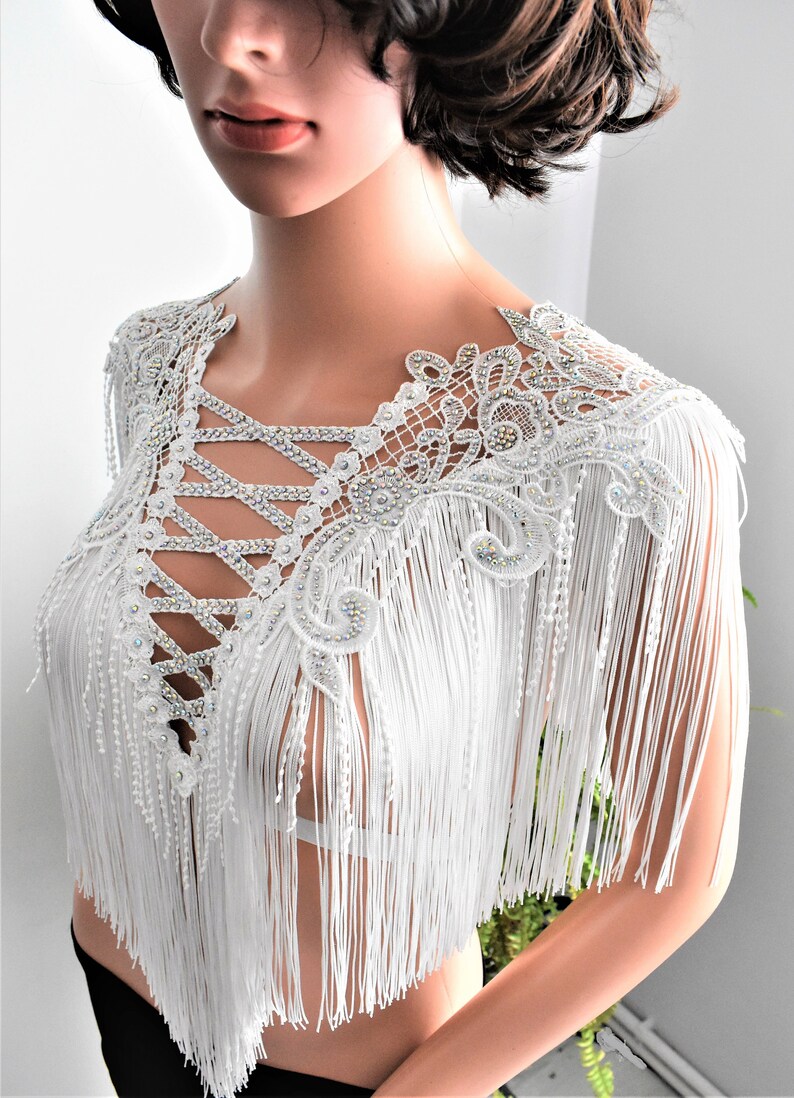 White Fringe Top, Iridescent Festival Lace Top With White Tasse White Fringe Top, Iridescent Festival Lace Top With White Tasse