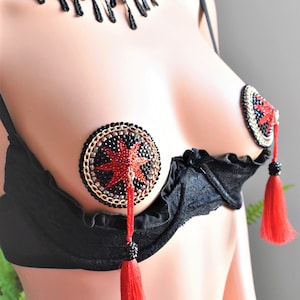 Burlesque Pasties,Red Star Nipple Cover,Nipple Tassel Pasties With Rhinestone,Reusable  Pasties With  Chainette Tassel  Nipple Cover