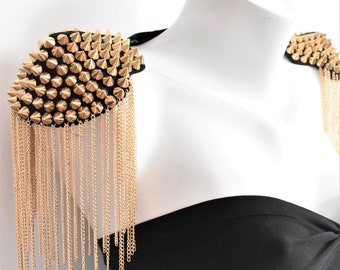 Gold Studded Epaulettes With Chain Tassel,Gold Stud Epaulettes,(Silver Stud & Chain Op),Festival Clothing,Warior Outfit,Party Outfit//PIETRA