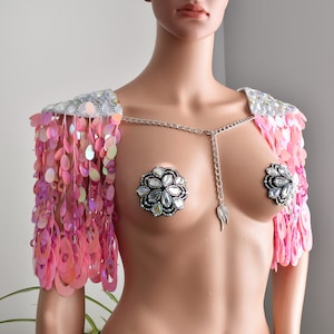 Pink Sequin Tassel Epaulettes: Iridescent Beaded Festival Outfit