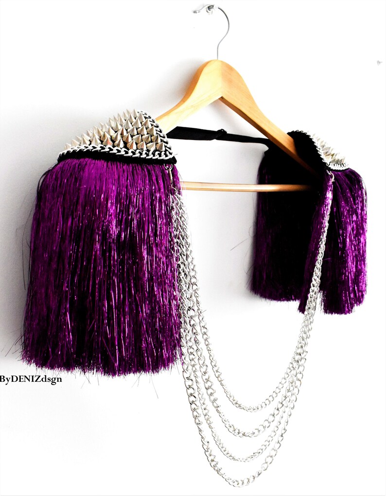 Purple Tassel,Silver Studded Epaulette With Purple Lurex,Gold Stud & chain Optional,Festival Clothing,Party Outfit//GAYA image 8