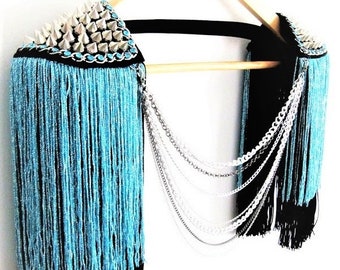 Blue Tassel Epaulettes With Silver Stud,Shoulder Jewelry,Festival Outfits,Festival Clothing//POSEIDON