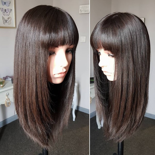 Human Hair Wigs With Bangs Natural Dark Brown Remy  Hair Silk Top Lace Front Wigs For White Women