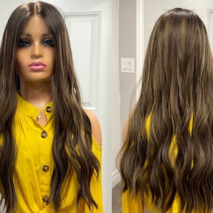 Malaysian Long Real Hair Silk Top Lace Front Wigs Double Drawn Brown with Blonde Highlights colored human hair wigs caucasian