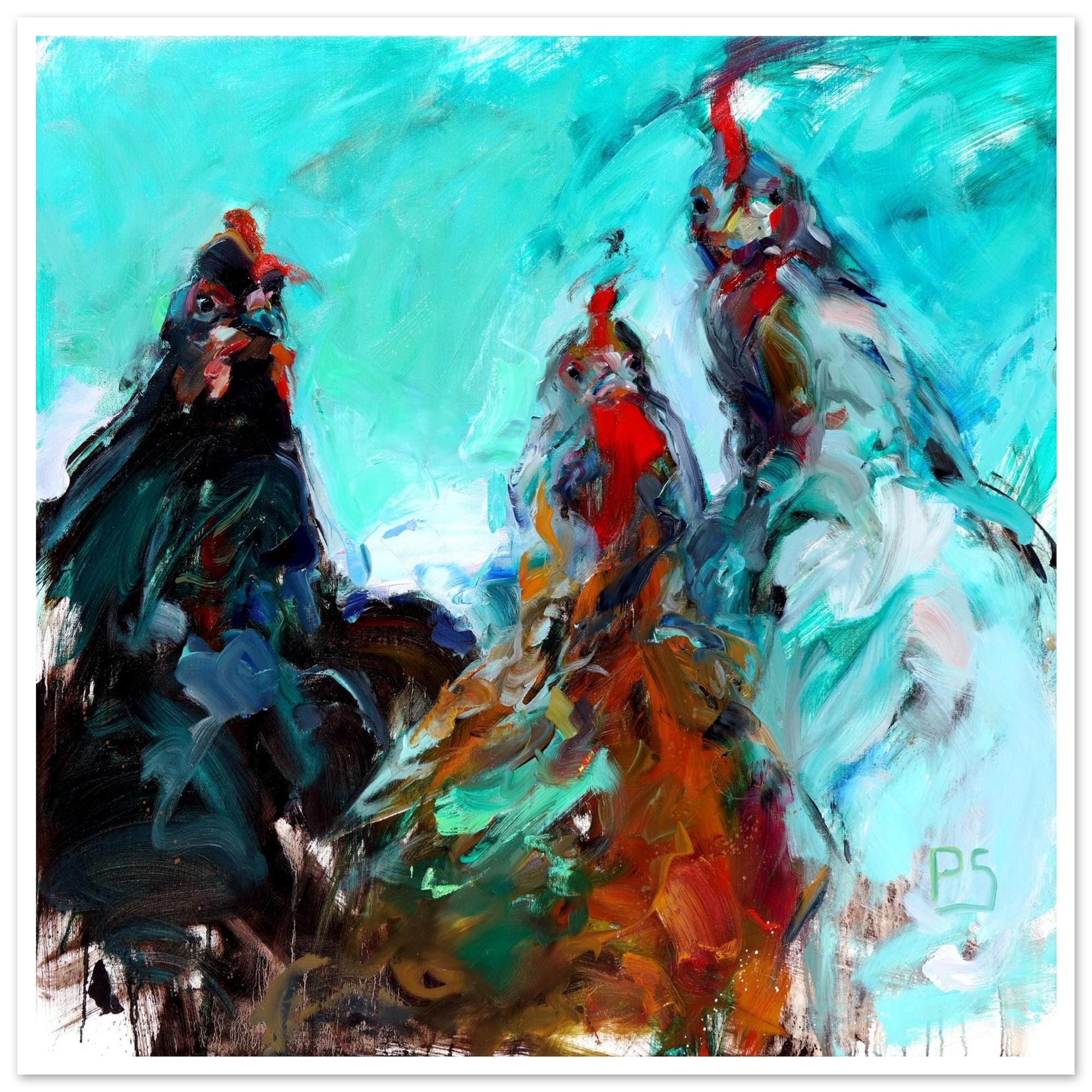 Poules folles | Ferme animée | Estampe d'art
