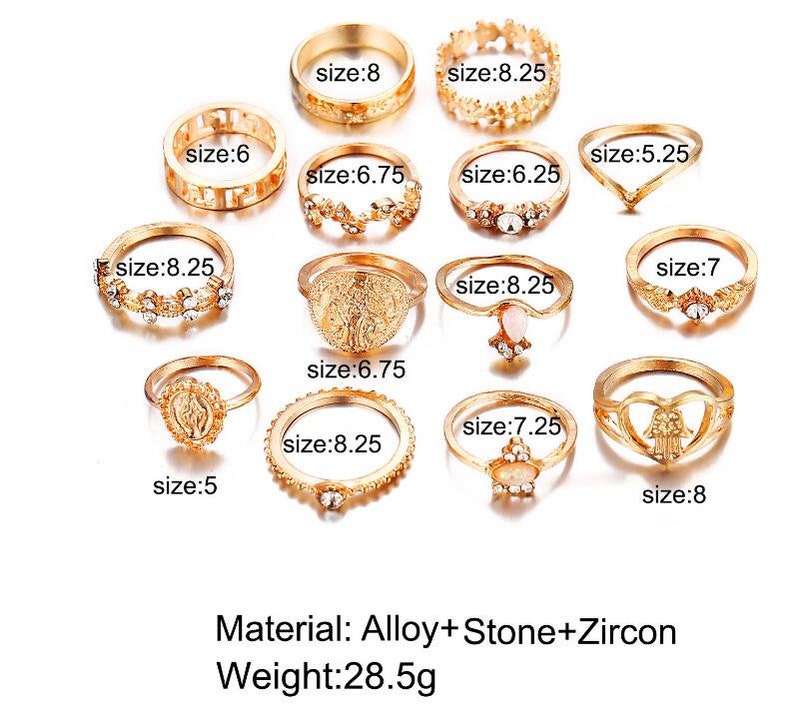 15 pcs ring set European and American joint ring creative retro portrait gold coin cross pattern diamond love ring set of 15