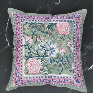 Indian Hand Block Print Stripe Floral  Square Cushion cushion sham cover 16x16 inches