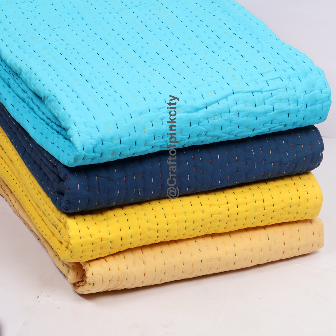 Solid Color Kantha Quilt, Cotton Kantha Quilt, Handmade Quilt, Natural