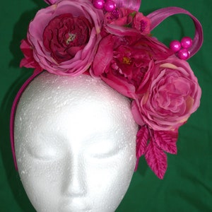 HOT PINK fuschia floral flowers fascinator headband crown races Melbourne Cup