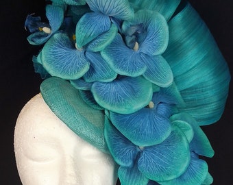 AQUA BLUE ORCHID flowers fascinator hat races Melbourne Cup
