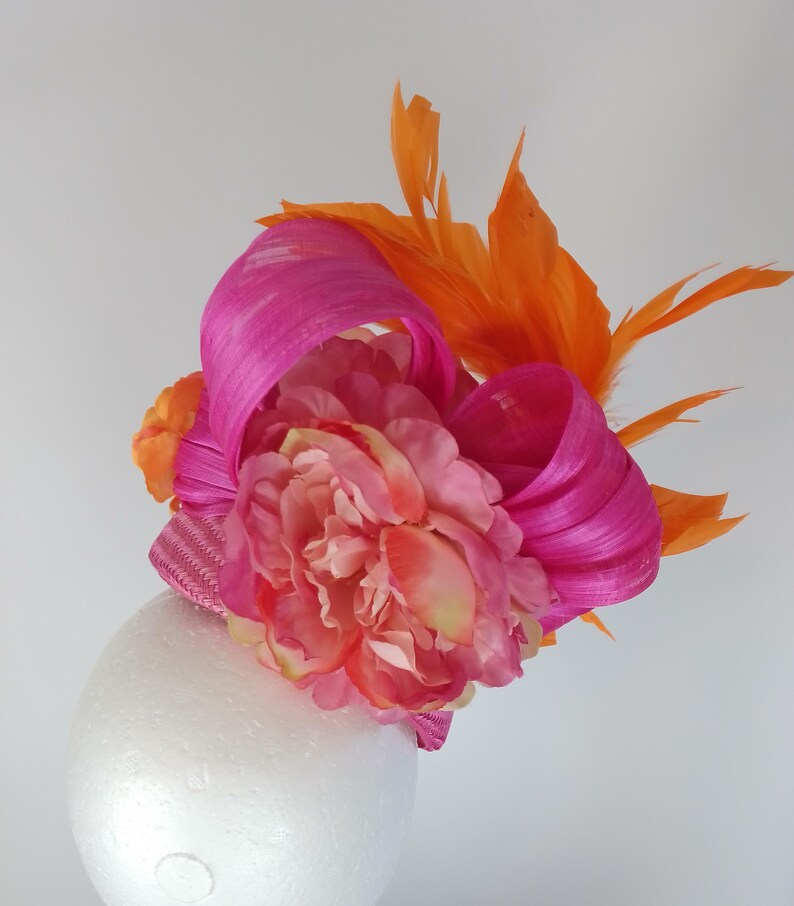 HOT Pink Fuschia Orange Flowers Feathers Fascinator Silk Loops Hat