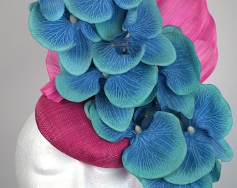 AQUA BLUE turquoise hot pink fuschia ORCHID flowers fascinator hat races Melbourne Cup