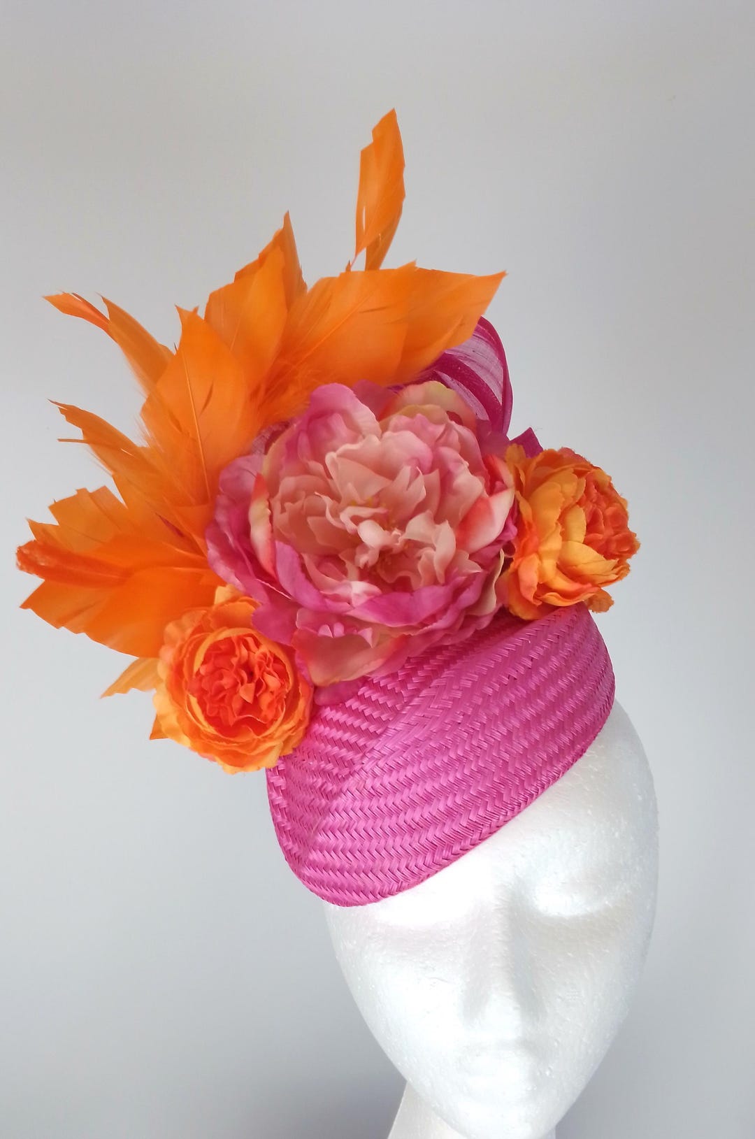 HOT Pink Fuschia Orange Flowers Feathers Fascinator Silk Loops Hat