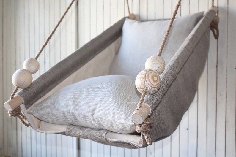 Grey outdoor swing with beads Grey Indoor Baby and Toddler swing with beads Baby and toddler wooden swing with beads Baby Hammock