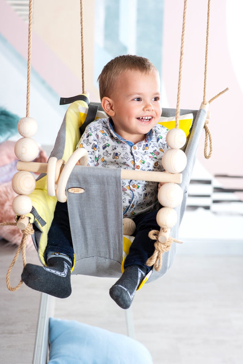 Grey outdoor swing with beads Grey Indoor Baby and Toddler swing with beads Baby and toddler wooden swing with beads Baby Hammock