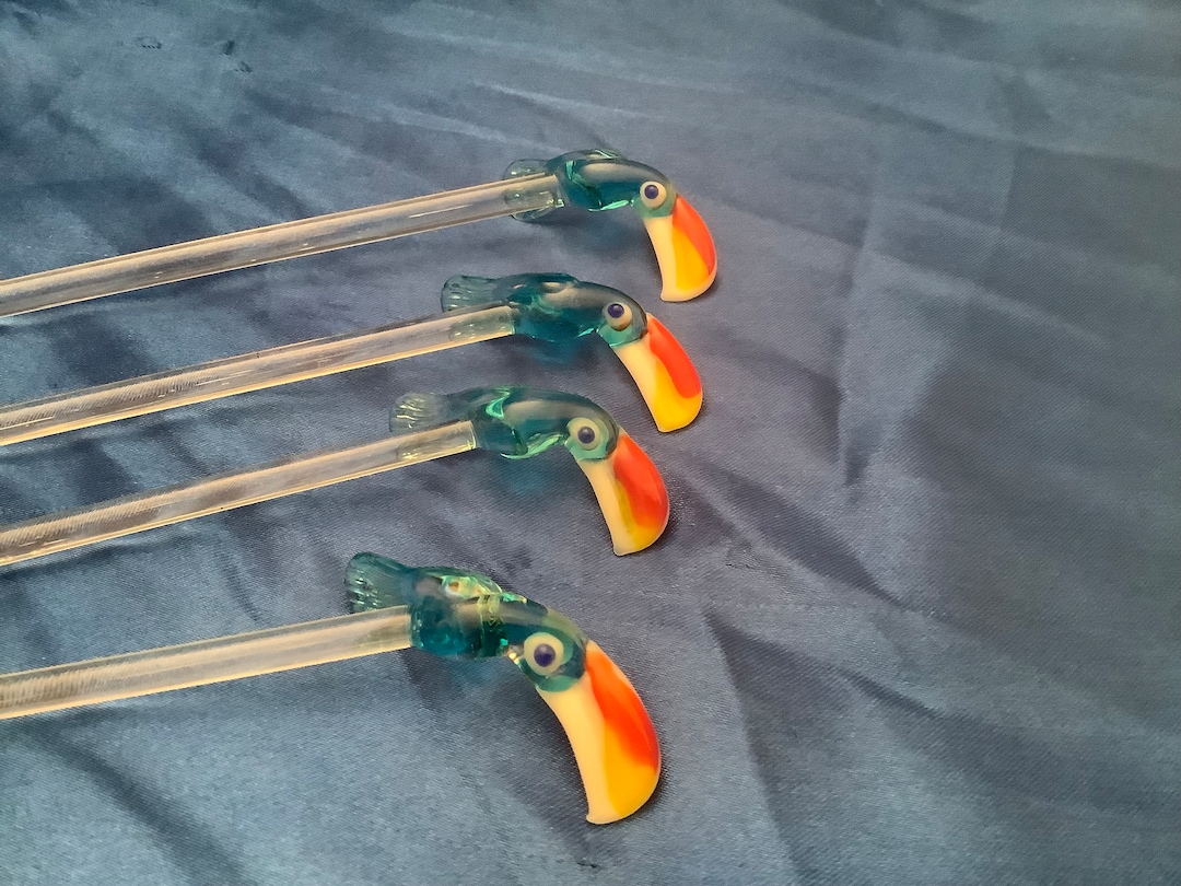 4 Matching Glass Toucan Swizzle Sticks/cocktail Stirrers Etsy