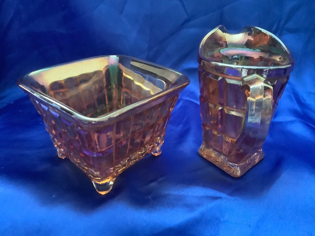 Carnival Glass Creamer and Sugar Bowl Quarter Block Design, Marigold Etsy