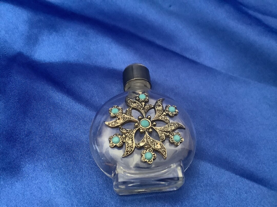 Vintage Glass Perfume Bottle With White Metal and Turquoise Etsy