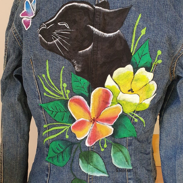 Veste en jean femme personnalisée motif chat noir