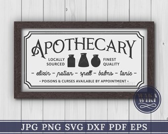 May include: A black and white sign with the text "APOTHECARY" in a decorative font. The sign also includes the text "LOCALLY SOURCED", "FINEST QUALITY", and "elixir - potion - spell - balms - tanic - POISONS & CURSES AVAILABLE BY APPOINTMENT."