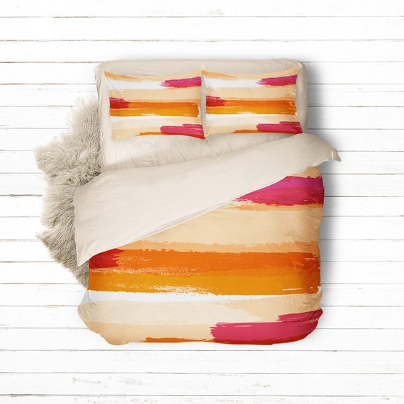 Abstract Paint Bedding Set Duvet Cover Queen Orange Pink Etsy