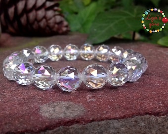 Protective,Aura Cleaning Angel Aura Quartz Bracelet,Clear Quartz Crystal Bracelet,Crown Chakra Jewelry,10 mm Faceted Aura Quartz Bracelet