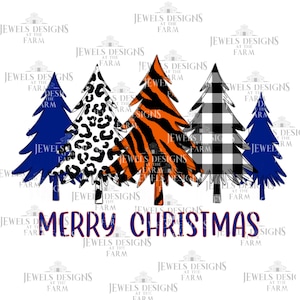 Christmas, Merry Christmas Trees, Tiger Print, Orange and Blue, PNG, Custom Sublimation Transfer Ready to Print