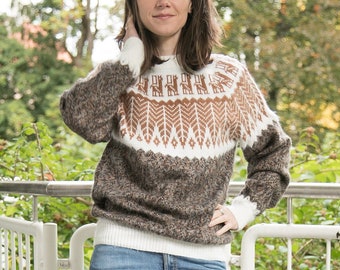 Pull en alpaga du Pérou | Pull en alpaga péruvien femmes | Pull tricoté, pull en laine, pull marron, motif lama, ethnique, alternatif