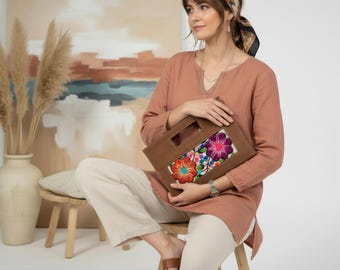 Unique clutch bag | Handmade embroidered boho vegan leather bag | Colourful hippie handbag from Peru | Gift for mum, wife