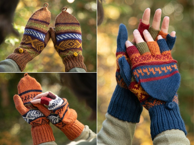 Alpaka Fingerlose Handschuhe mit Kappe Fäustlinge Handwärmer alpaca gloves fingerless mittens Aimara Bild 1