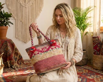 Boho Wool Tote Bag from Peru – Unique Artisan Woven Bag, Colorful Ethnic Hippie Bag