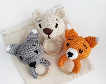 Woodland animals baby rattle toy Bear Fox Wolf Sensory toys for newborn Expecting mom gift from natural materials