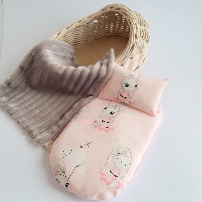 Dollhouse furniture for full body silicone baby doll Doll Moses Basket cradle bedding set 10.6" First birthday gift for toddler from Ukraine Rabbit gray set