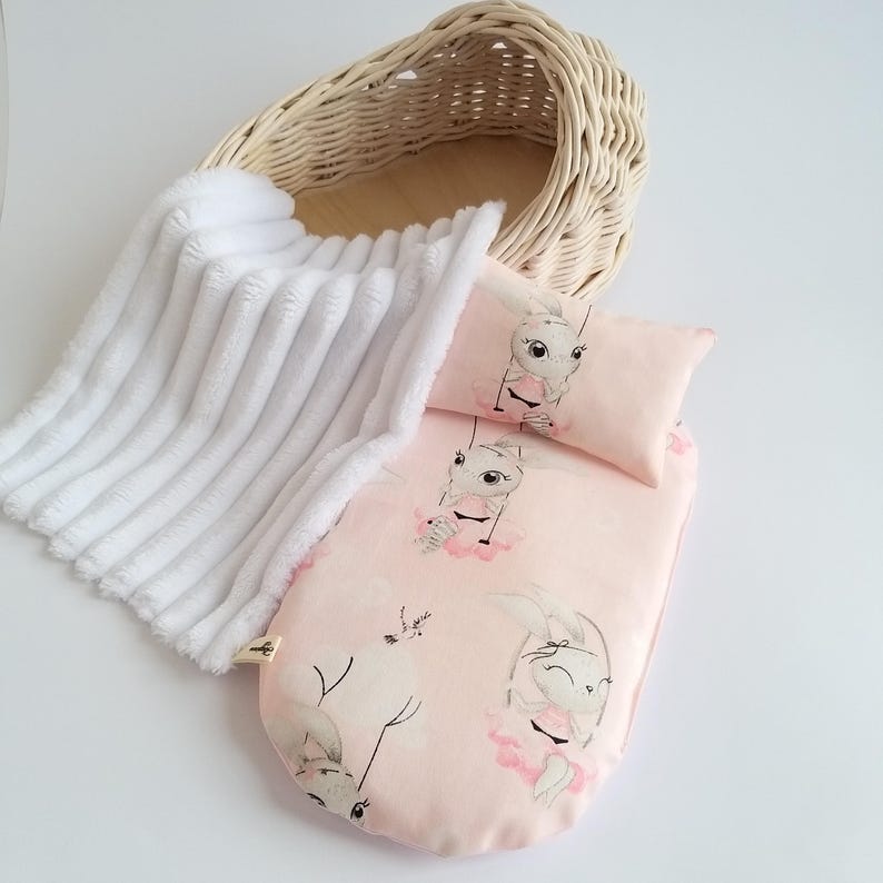 Dollhouse furniture for full body silicone baby doll Doll Moses Basket cradle bedding set 10.6" First birthday gift for toddler from Ukraine Rabbit white set
