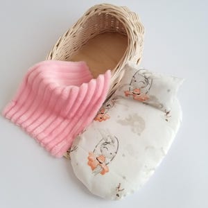 Dollhouse furniture for full body silicone baby doll Doll Moses Basket cradle bedding set 10.6" First birthday gift for toddler from Ukraine Rabbit pink set