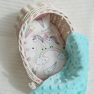 Dollhouse furniture for full body silicone baby doll Doll Moses Basket cradle bedding set 10.6" First birthday gift for toddler from Ukraine Unicorn mint set