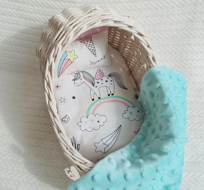 Dollhouse furniture for full body silicone baby doll Doll Moses Basket cradle bedding set 10.6" First birthday gift for toddler from Ukraine Unicorn mint set