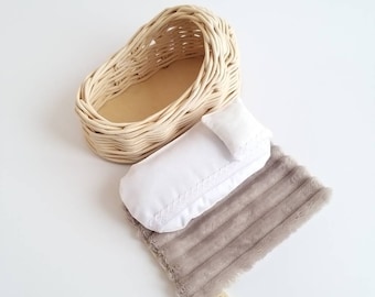 Handmade wicker baby doll cradle 6.7", Girl Boy gift for kids First birthday gift for toddler toys from Ukraine